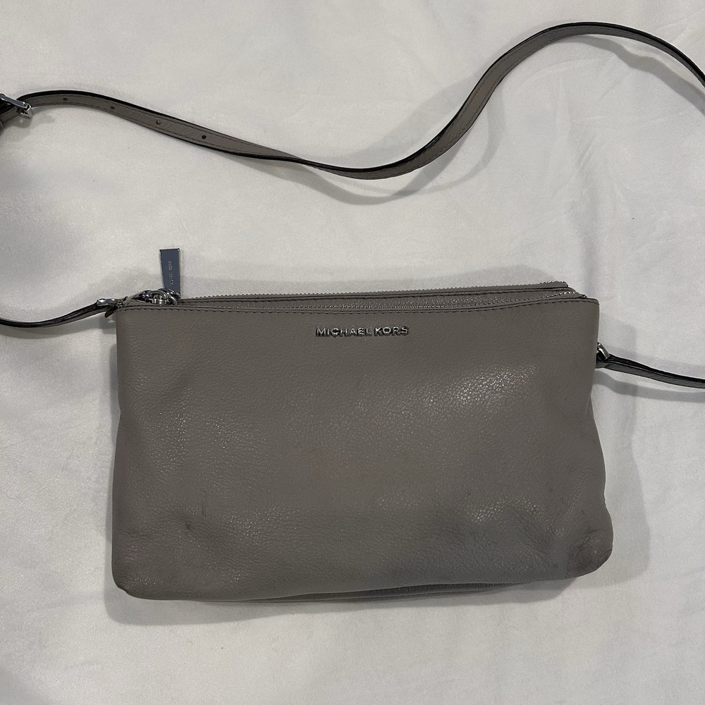 Michael Kors Shoulder Cross Bag Gray‎  Pebble Leather 32S7SAFC3L Tag Double Zip - Picture 2 of 14